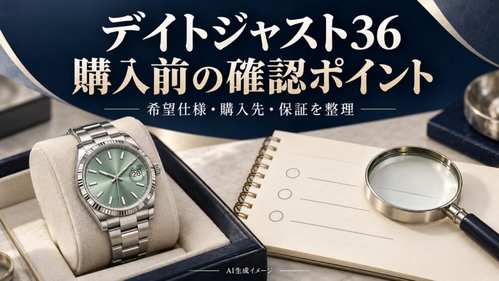 腕時計と確認用ノート、虫眼鏡を描いた購入前の確認を表すAI生成イメージ